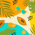 Handdrawn summer look flatlay. Palm tree leaves, sunglasses, papaya and oranges.