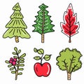 Handdrawn trees plants illustration featuring pine, fir, red leaf tree, berry branch, apple Royalty Free Stock Photo