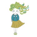 Vector illustration character happy girl in Doodle cartoon style.