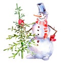 Handdrawn vintage Snowman with firtree, watercolor Christmas illustration isolated on white.