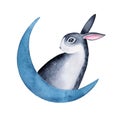 Watercolor sketchy drawing of little adorable bunny sitting on navy blue moon.