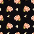 Handdrawn water lily seamless pattern. Watercolor cream lily on the black background. Scrapbook design elements. Typography poster