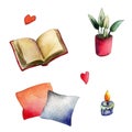 Handdrawn watercolo illustration solated on white background. Set of elements abut staying at home: book, pillows, plant