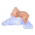 Handdrawn watercolor clouds with sleeping bear for children\'s textile. Scrapbook design, poster, label, card