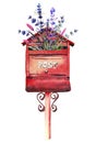 Handdrawn watercolor illustration isolated on white background. Red mailbox with lavender flowers. Royalty Free Stock Photo
