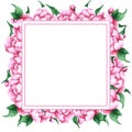 Handdrawn Watercolor pink peony flowers, leaves and buds composition with round frame boarder on the white background. Scrapbook