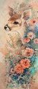 A handdrawn, watercolor scene of a serene animal surrounded by pastel flowers, blending realism with whimsy