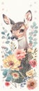 A handdrawn, watercolor scene of a serene animal surrounded by pastel flowers, blending realism with whimsy
