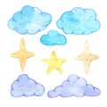 Handdrawn watercolor set of clouds and stars for children\'s textile. Scrapbook design, poster, label, card