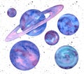 Handdrawn watercolor set of planets isolated on white background with stars. Saturn with rings. Aquarelle circle. Watercolor paper