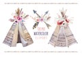 Handdrawn watercolor tribal teepee, isolated white campsite ten