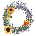 Handdrawn watercolor wreath with lavender, sunflowers and wild herbs. Beautiful illustration isolated on white