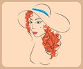 Handdrawn woman wearing wavy red hair and hat.