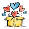 handdrawn yellow gift box exploding colorful hearts. Love hearts emerge vibrantly package