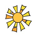 Handdrawn yellow sun. Colorful shining sun with beams in doodle style. Black and white vector illustration