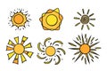 Handdrawn yellow suns set. Colorful shining suns with beams in doodle style. Black and white vector illustration