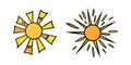 Handdrawn yellow suns set. Colorful shining suns with beams in doodle style. Black and white vector illustration