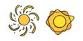 Handdrawn yellow suns set. Colorful shining suns with swirling beams in doodle style. Black and white vector