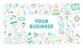 Handdrawn your business sketch color set. Financial and marketing elements piggy bank arrows rocket taking off laptop Royalty Free Stock Photo