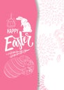 Handdrown Easter background with eggs, chicken, rabbit and flowers.