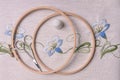 Handemade embroidery. The cloth, thimble, scissors, embroidery hoop. Blue flowers Royalty Free Stock Photo