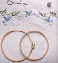 Handemade embroidery. The cloth, thread, thimble, scissors, embroidery hoop Royalty Free Stock Photo