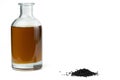 A handful of black cumin seeds and black seed oil in a bottle Isolated on a white Royalty Free Stock Photo