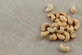 Handful of cashew nuts on a burlap fabric with space for text.