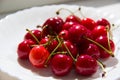 A handful of cherries lies on a white plate