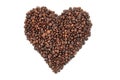 A handful of coffee beans in the shape of a heart on a white isolated background. close-up. view from above. roasted coffee beans Royalty Free Stock Photo