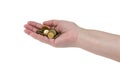 A handful of coins in the hands of an elderly woman