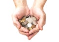 Handful of coins in palm hands Royalty Free Stock Photo