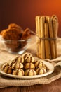 A handful of cookies on a plate, breadsticks and oatmeal cookies Royalty Free Stock Photo