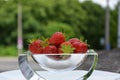 A handful of delicious red strawberries on a decorative glass plate. Blurred background Royalty Free Stock Photo