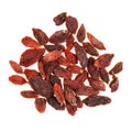 Handful of dried goji berries cut out on white