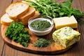 a handful of fresh herbs, grilled bread, and garlic herb butter