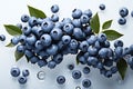 A handful of fresh ripe blueberries with green leaves in water drops. Isolated on white background. Royalty Free Stock Photo