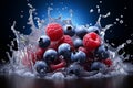 A handful of fresh ripe blueberries and raspberries with green leaves in water splash. Isolated on black background. Royalty Free Stock Photo