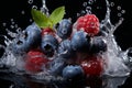 A handful of fresh ripe blueberries and raspberries with green leaves in water splash. Isolated on black background. Royalty Free Stock Photo