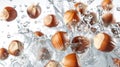 A handful of hazelnuts in their shells falls into clear, transparent water, creating many drops and splashes. Washing the Royalty Free Stock Photo