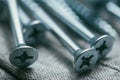 A handful of metallic self-cutters screws lies against the backdrop of an old denim fabric. Selective focus shot with