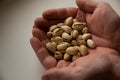 A handful of nuts in men`s palms. A handful of pistachios