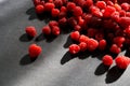 Handful of sunlit red raspberry on black background