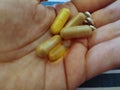 A handful of tablets as supplements in large pills Royalty Free Stock Photo