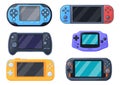 Handheld consoles. Retro portable console, modern switch controller psp nintendo gameboy nerdy geek hipster gaming, game Royalty Free Stock Photo