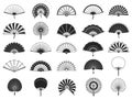 Handheld fan. Black silhouettes of chinese, japanese paper folding hand fans, traditional asian decoration and souvenir