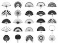 Handheld fan. Black silhouettes of chinese, japanese paper folding hand fans, traditional asian decoration and souvenir vector