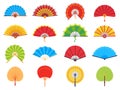 Handheld fan. Chinese or japanese paper ancient traditional fans, personal accessories and souvenirs flat vector set