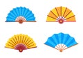 Handheld fan. Traditional chinese or japanese accessory. Open colorful asian culture souvenirs. Folding cooling hand