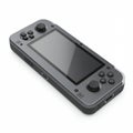 Handheld gaming console with a sleek, gray design